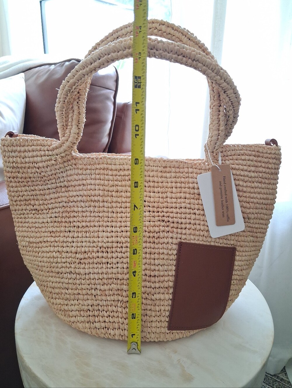 🌺 Beautiful Woven Raffia Satchel Tote Bag with Genuine Leather Accents 🌺 - Picture 9 of 11
